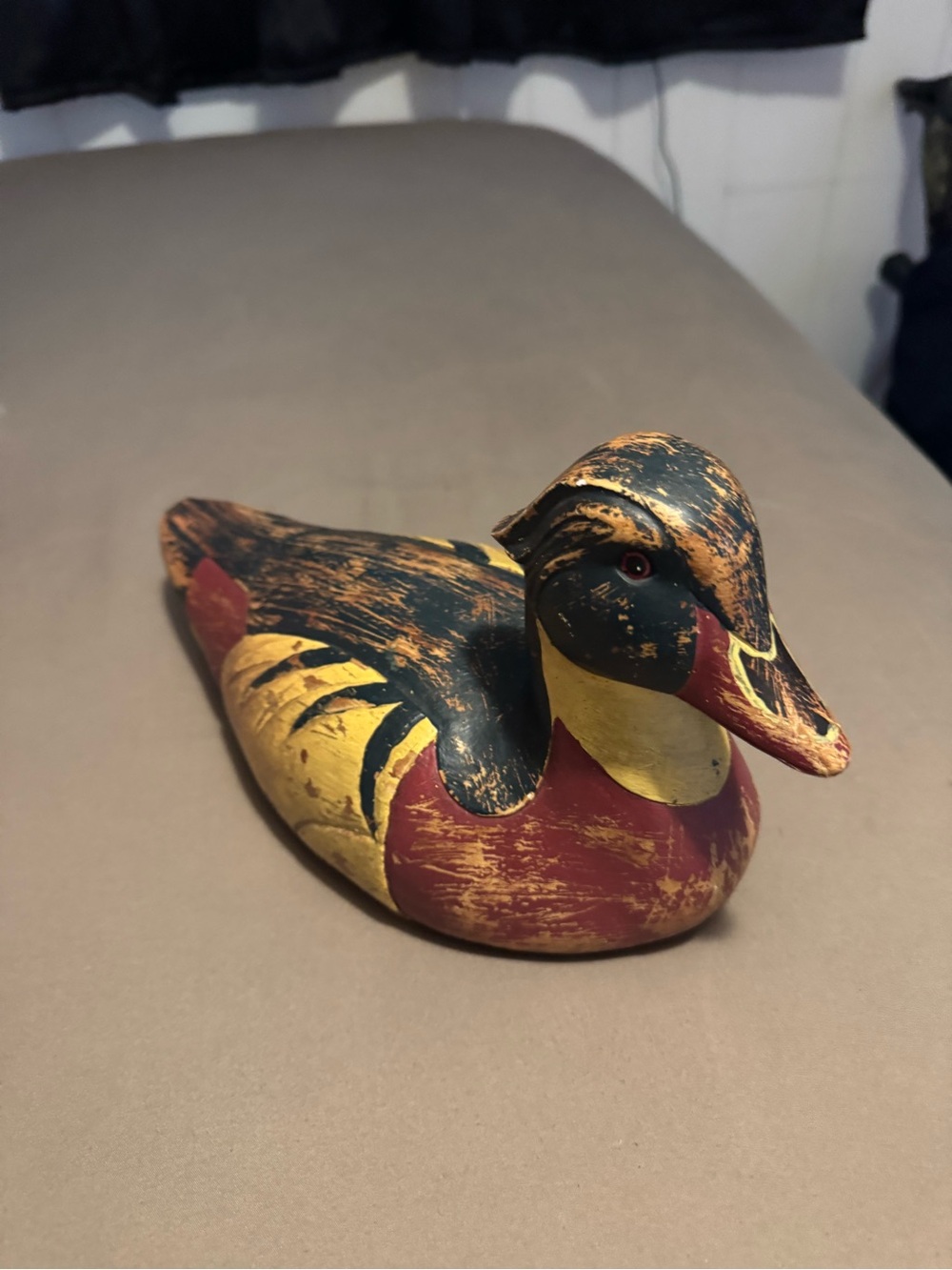 Hand-Painted Duck Sculpture in Red, Yellow, and Black